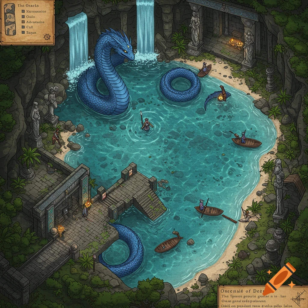 An illustrated isometric map of a blue naga's lair in a cenote with a pool, waterfall, ancient ruins, and small boats.