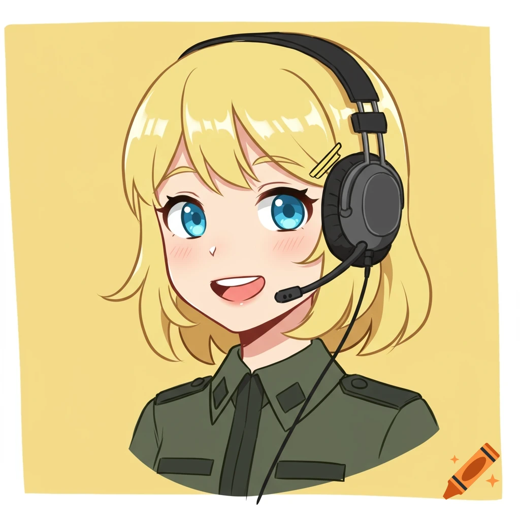 Cartoon anime portrait of a smiling blonde woman in a military uniform wearing headphones.