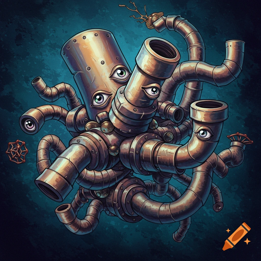 A steampunk creature resembling an octopus, constructed from pipes, rivets, and eyes.