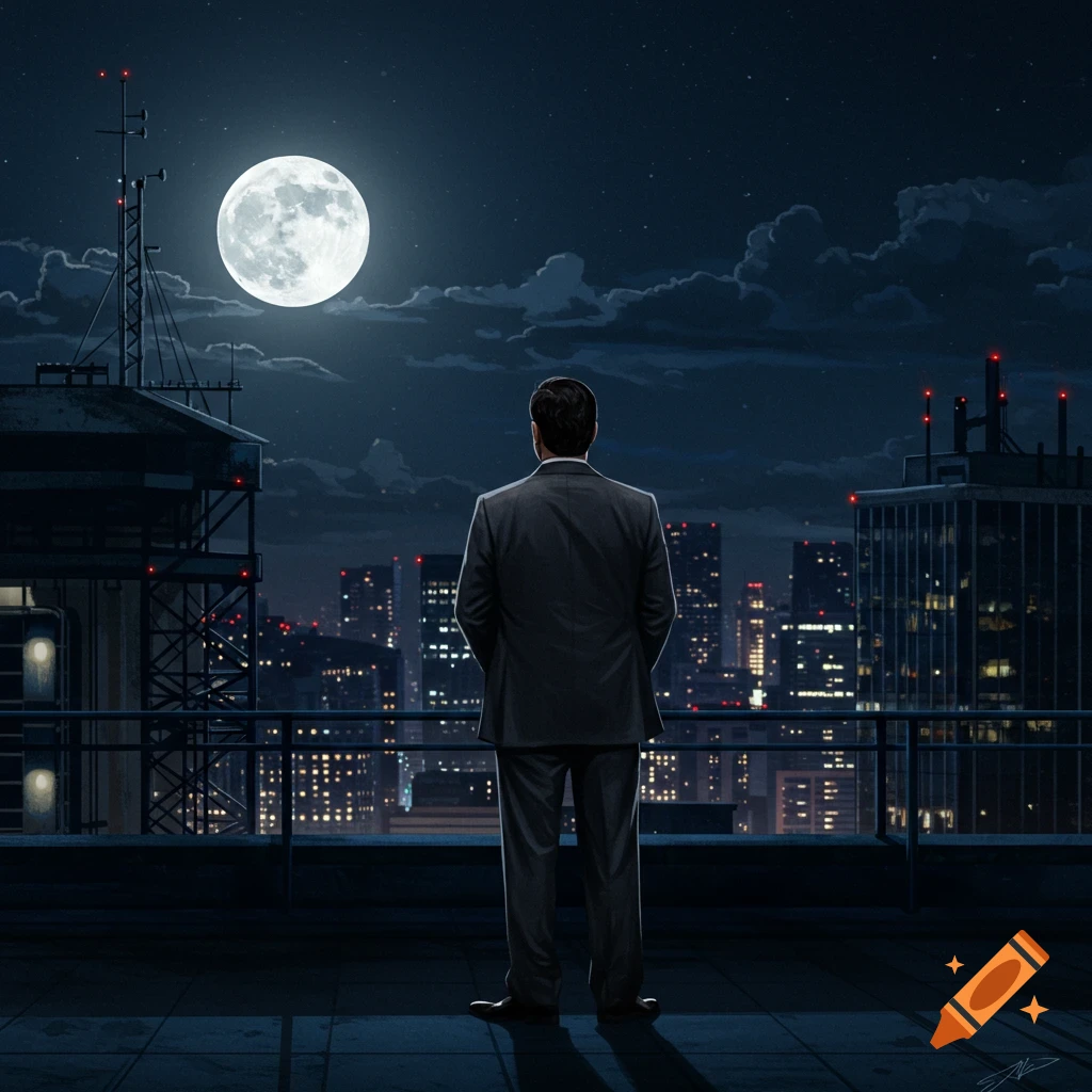 A man in a suit stands on a rooftop, overlooking a city skyline under a full moon at night.