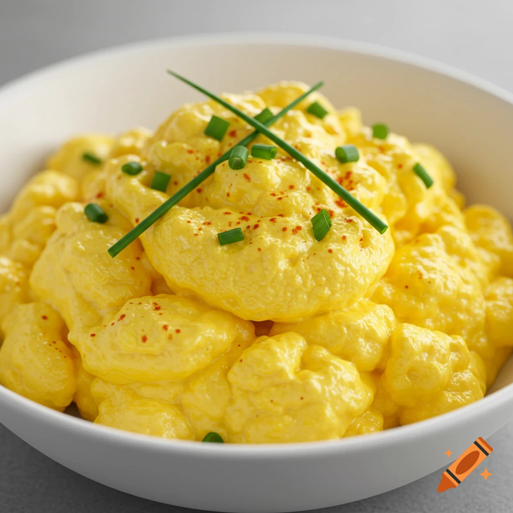 A close-up shot of fluffy scrambled eggs in a white bowl, garnished with chopped chives and red spice.