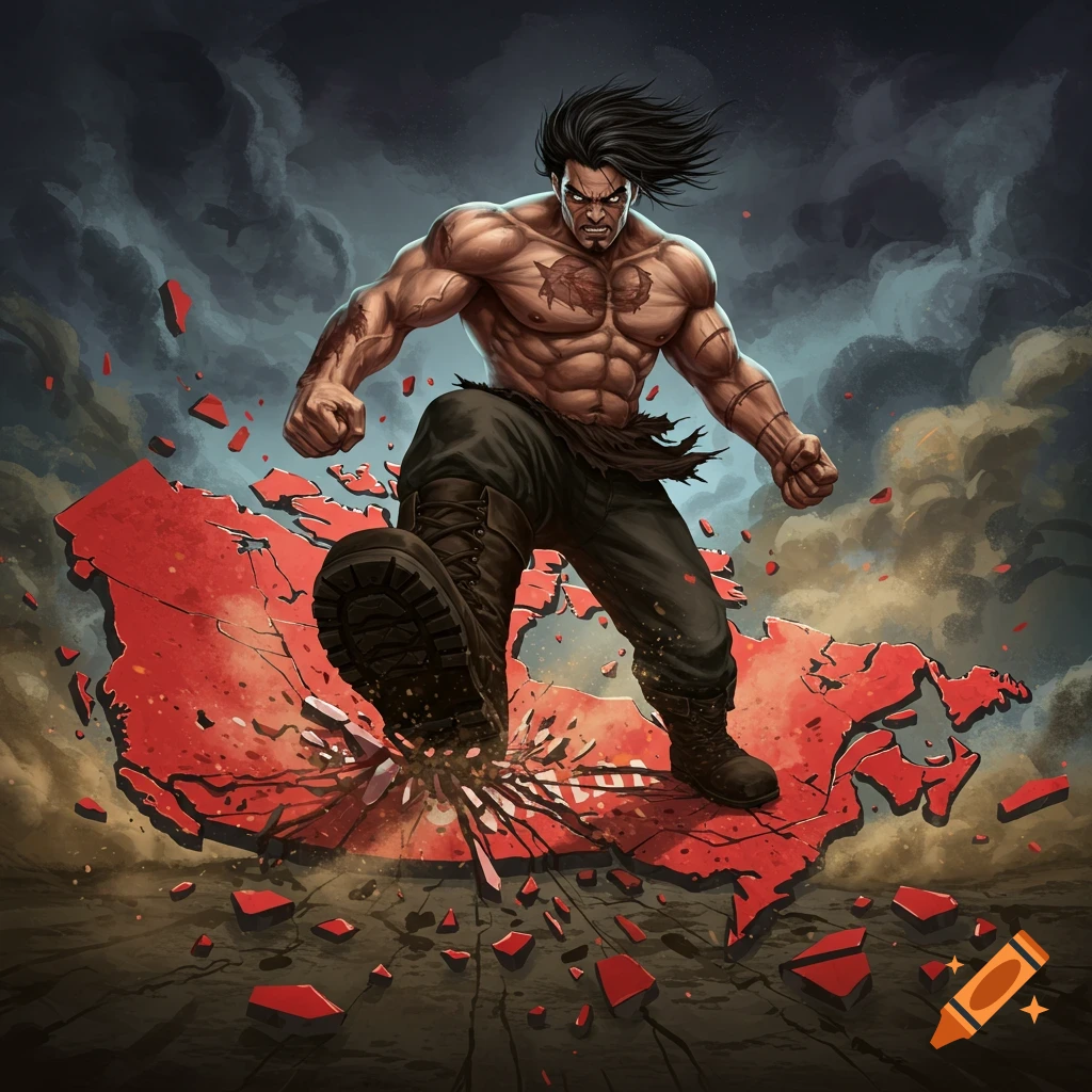 Muscular man stomps on and shatters a red map of Canada under a stormy sky.