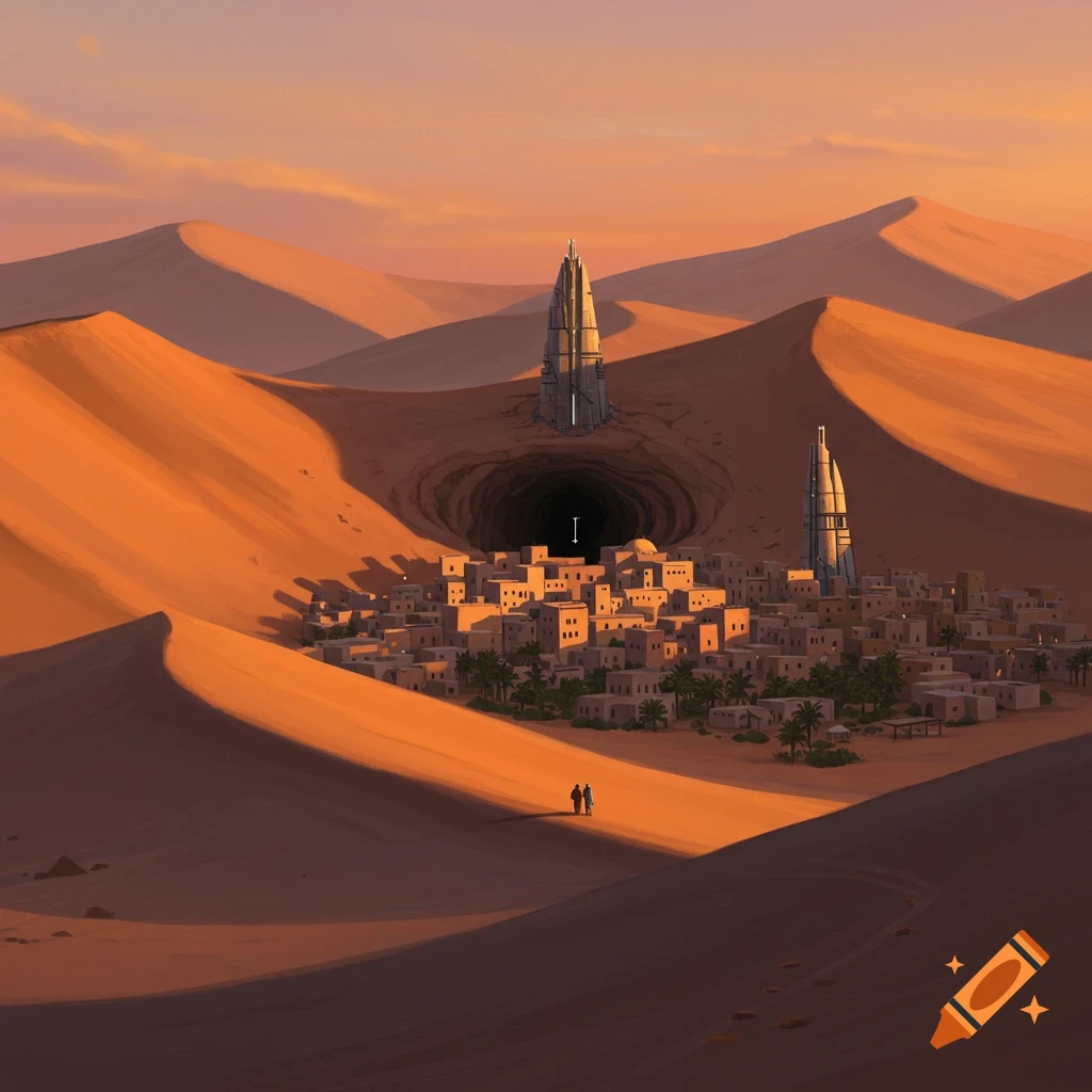 A desert city nestled among sand dunes at dusk, with futuristic towers and a dark cave entrance behind it.
