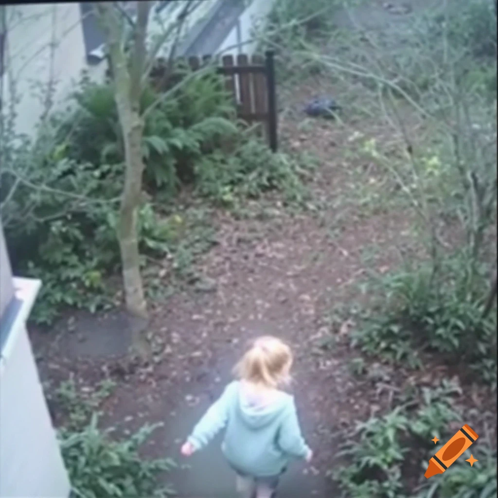 Blonde child walks away from camera on a path in a wooded garden, resembling CCTV footage.