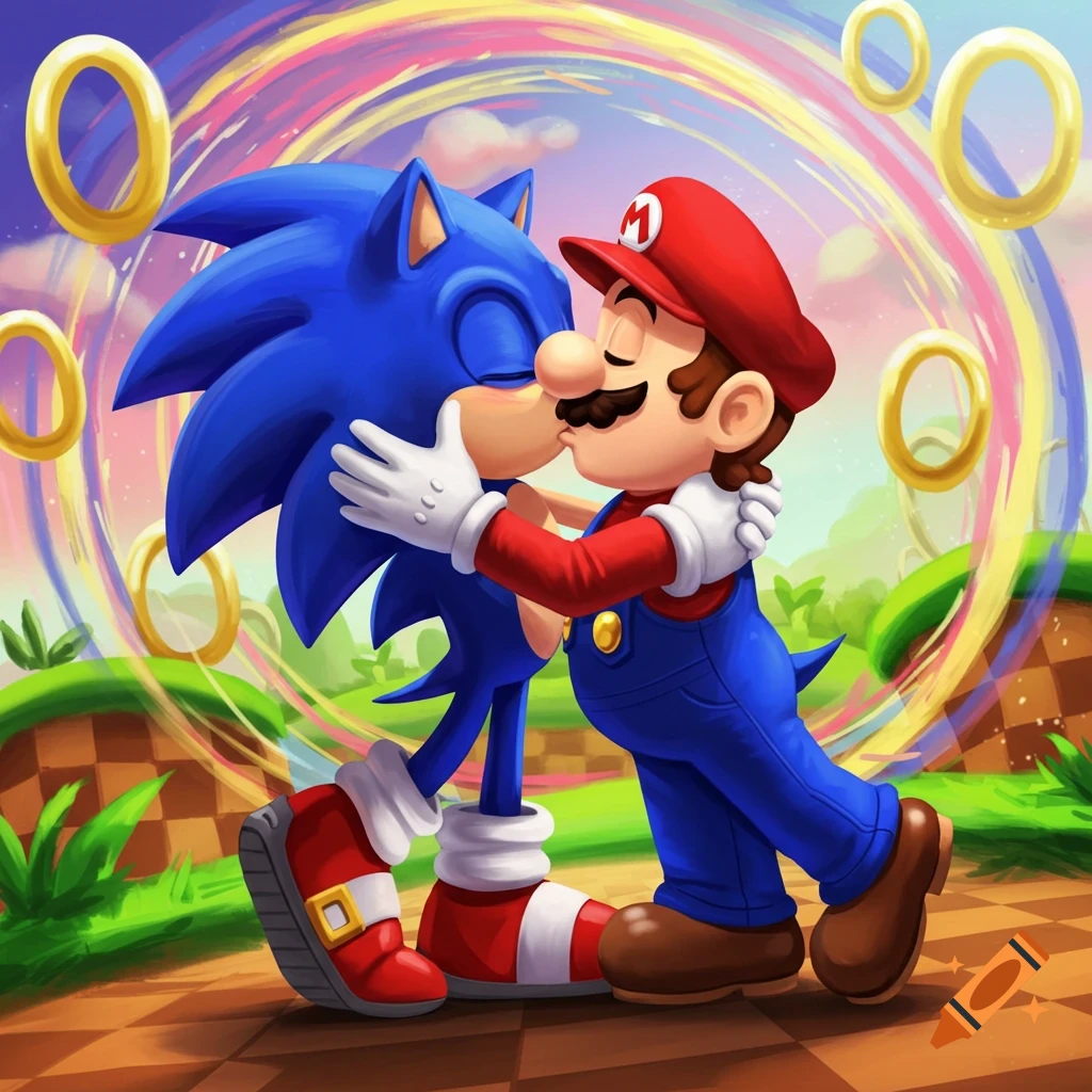 Sonic the Hedgehog and Mario kissing.