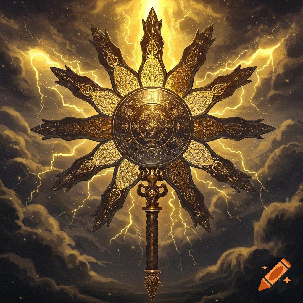 A golden sun-like artifact with intricate patterns against a stormy sky with lightning.