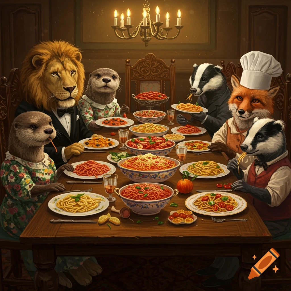 Anthropomorphic animals eat pasta at a large dinner table.