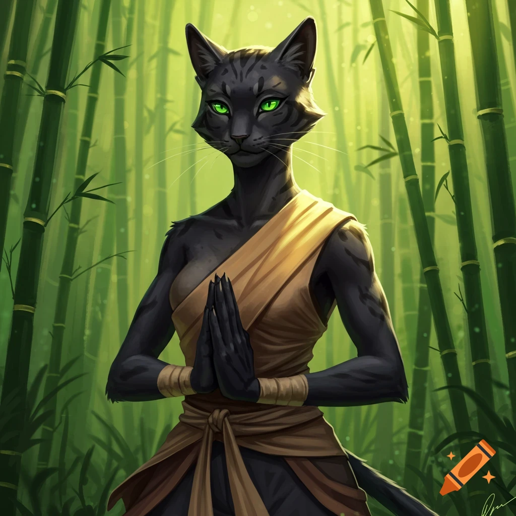 A black anthropomorphic cat (Tabaxi monk) with green eyes stands in a bamboo forest with hands clasped.