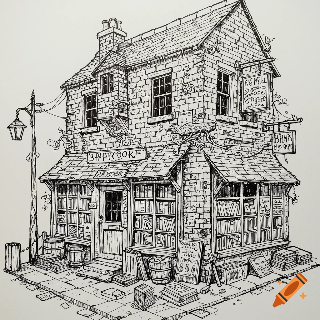 An ink line drawing of a whimsical stone and timber bookstore with piles of books outside.
