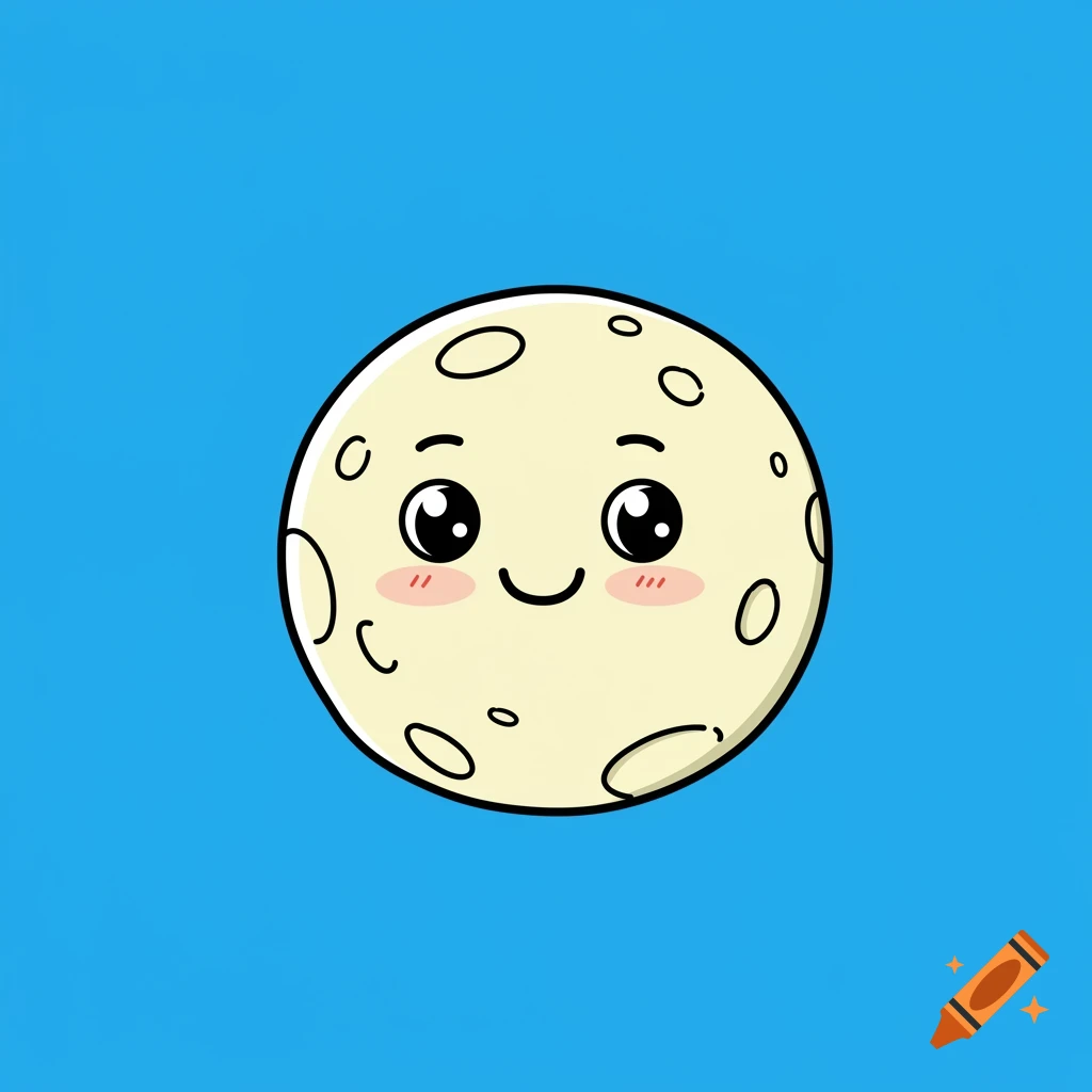 Cute cartoon moon with a smiling face on a blue background.