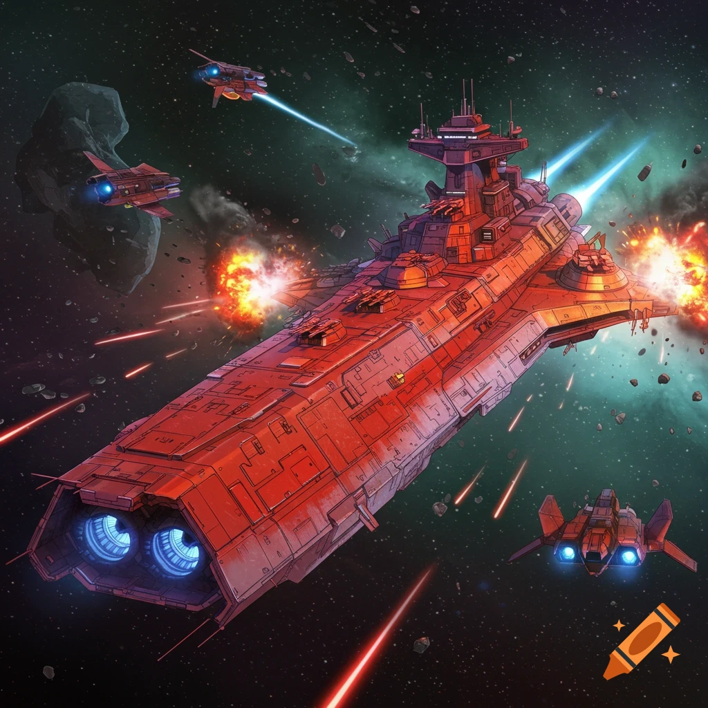 A futuristic red spaceship battle cruiser in a space battle with smaller ships firing lasers.
