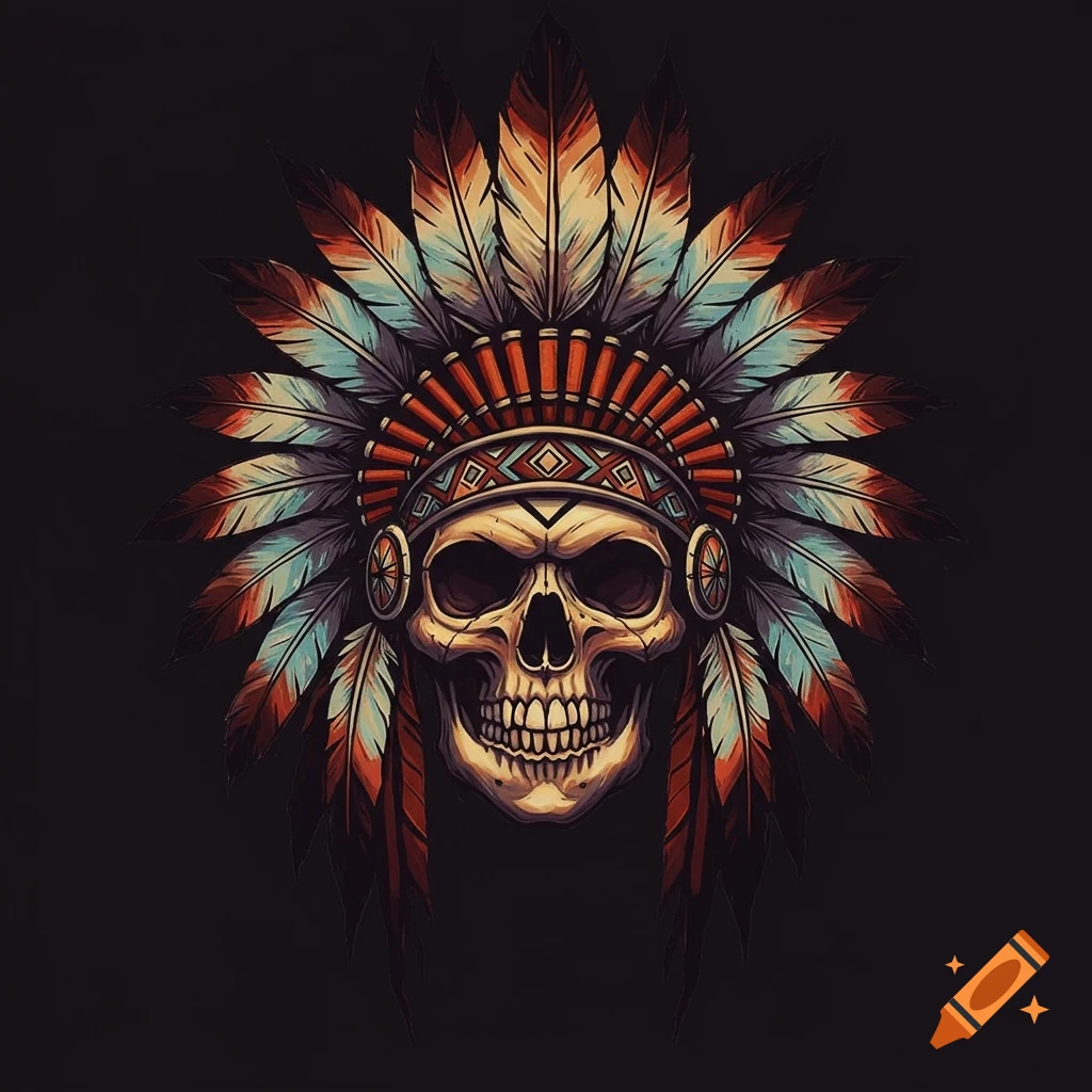 Stylized skull wearing an elaborate war bonnet with colorful feathers.