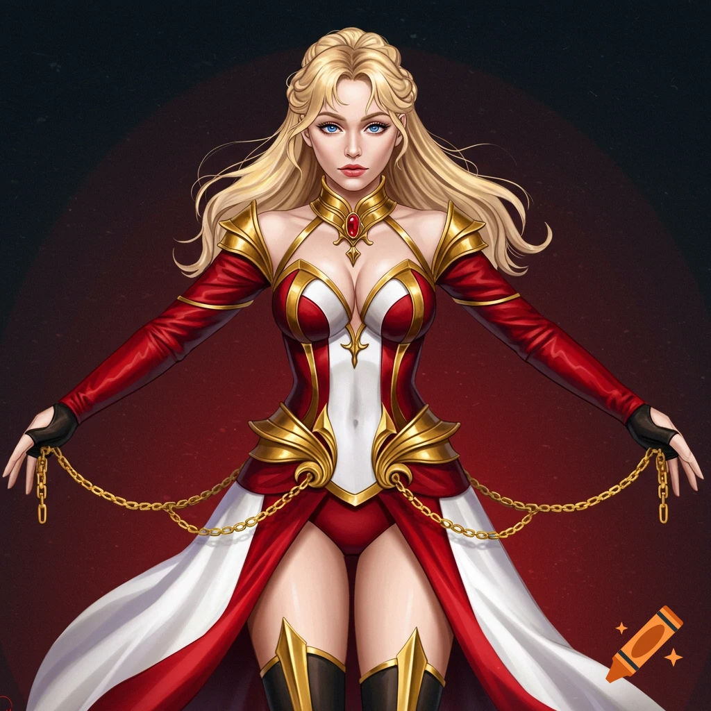 A blonde woman in red, white, and gold fantasy armor holds chains.