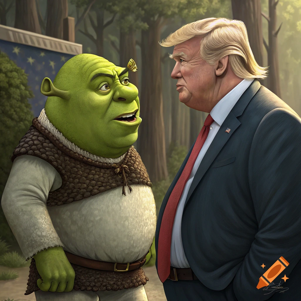 Shrek faces off against a man resembling Donald Trump in a detailed illustration set in a forest.
