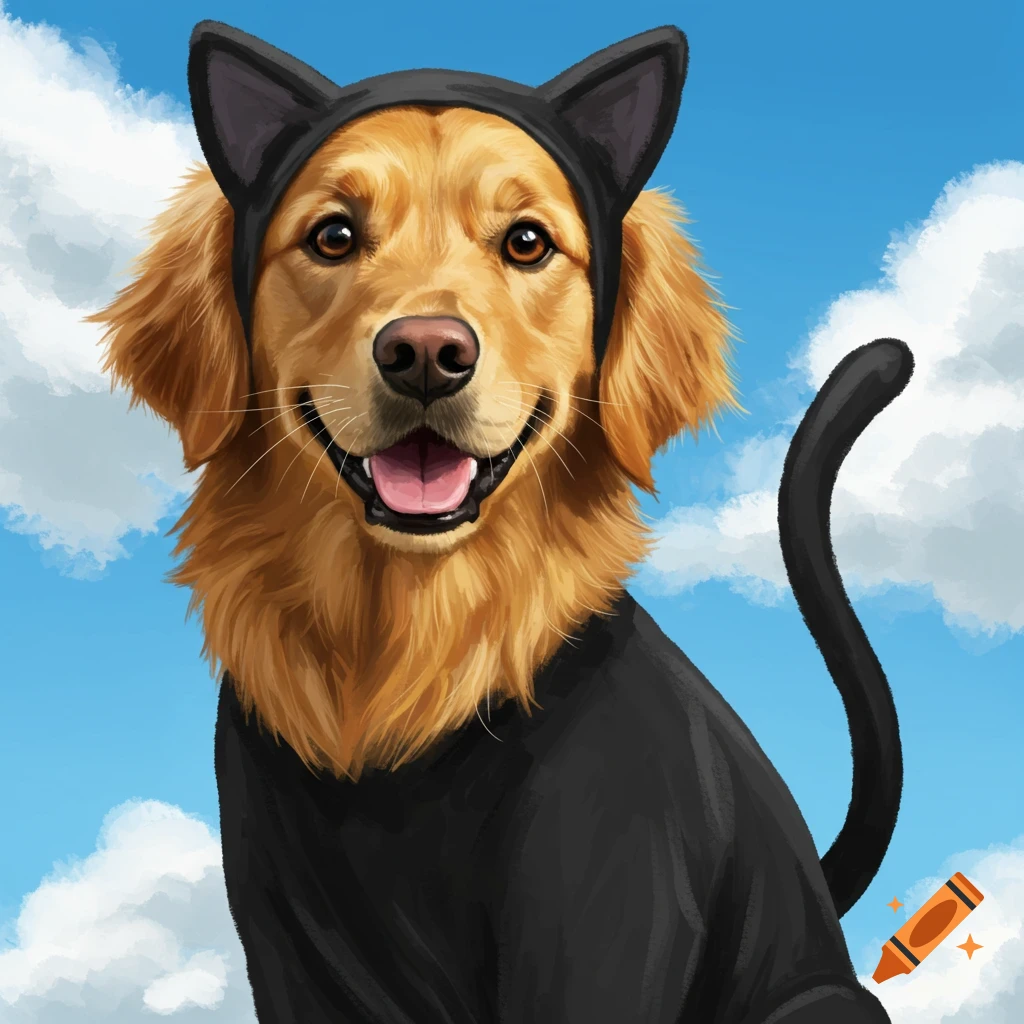 A golden retriever wearing a black cat costume with ears and a tail, smiling against a blue sky with clouds.