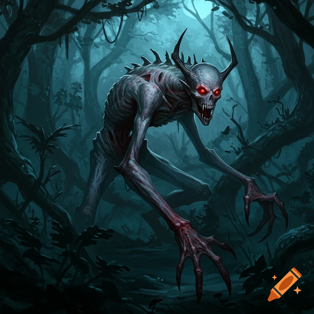 A skeletal monster with red eyes and claws in a dark forest.