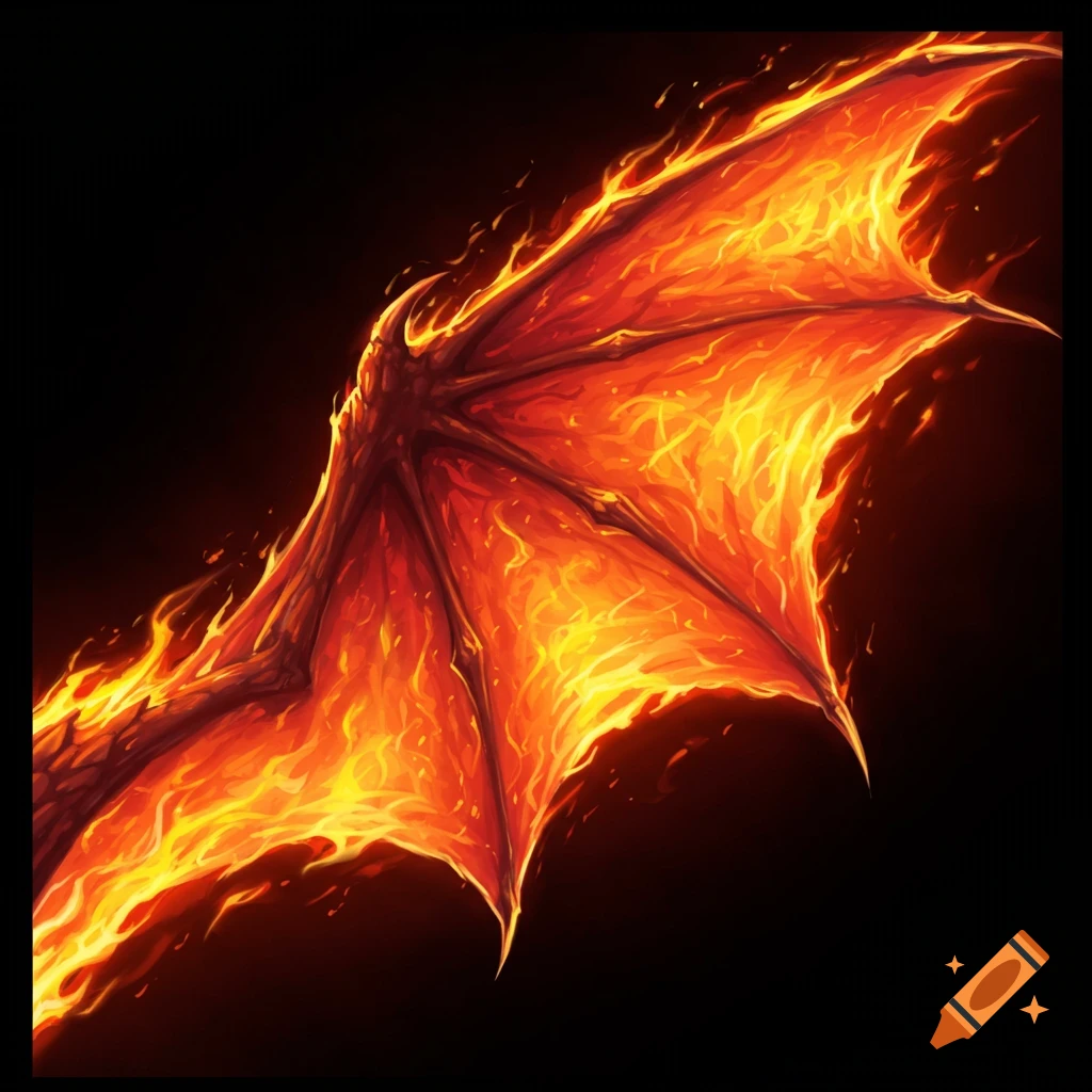 A dragon's wing made of fire against a black background.