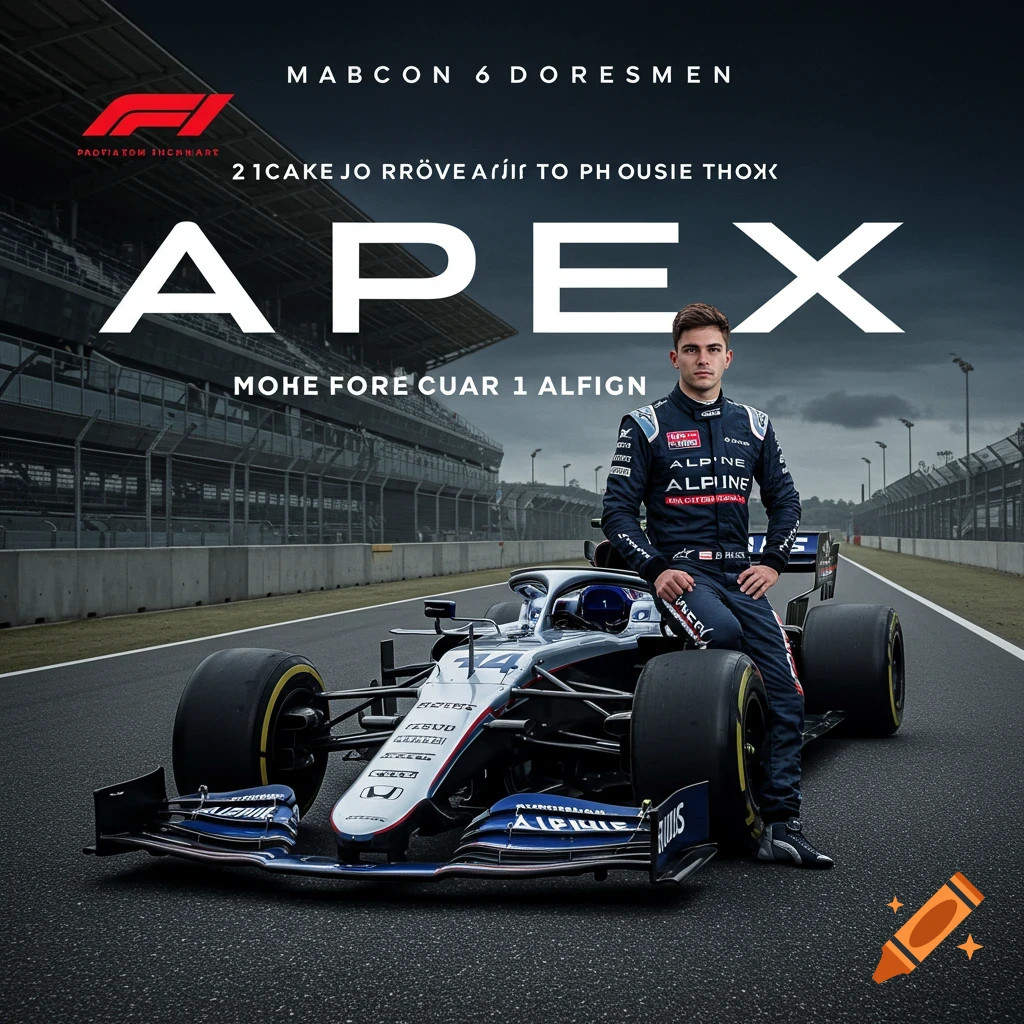 A driver in a racing suit sits on a Formula 1 car on a track, with large text 'APEX'.