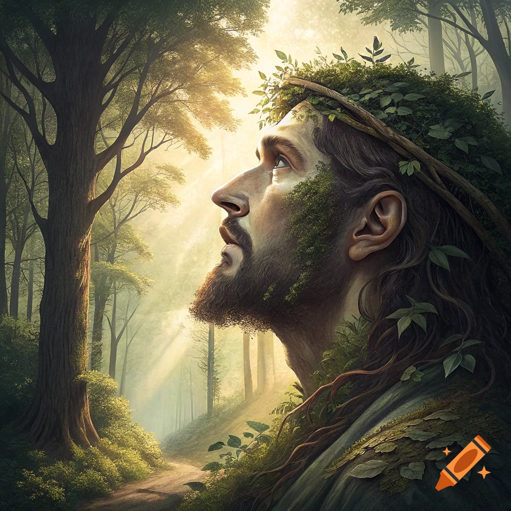 A man's face, formed from trees and foliage, looks upward towards sunlight filtering through a forest canopy.