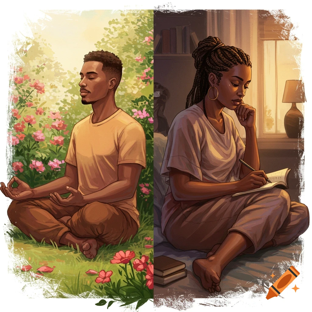 A man meditating in a garden and a woman writing in a notebook indoors.
