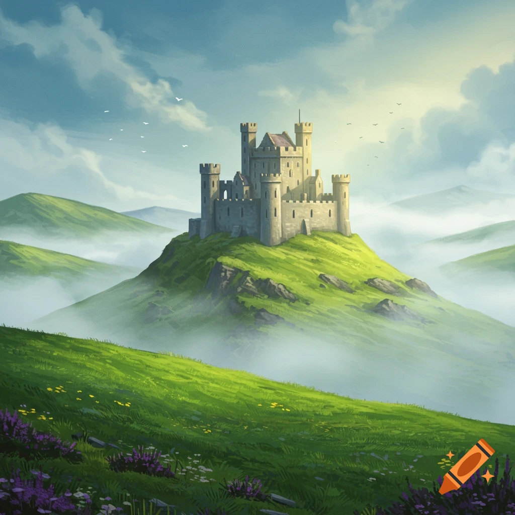 Stone castle on a green hill surrounded by fog.