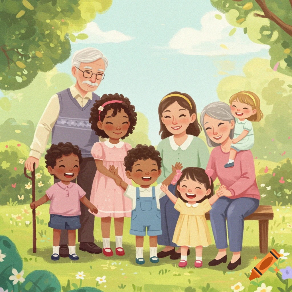 Diverse multi-generational family in a park illustration