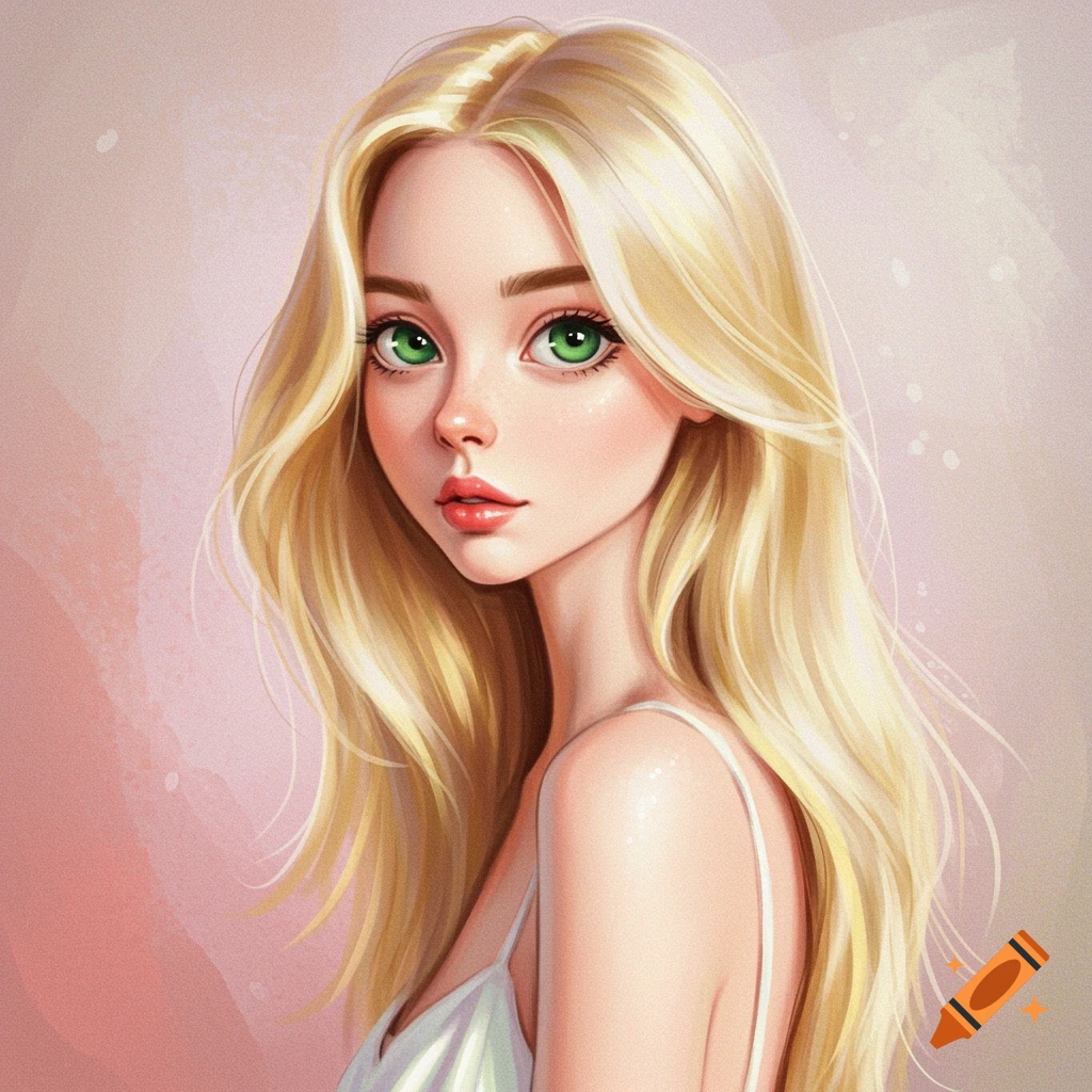 Portrait of a blonde woman with green eyes in a white dress.
