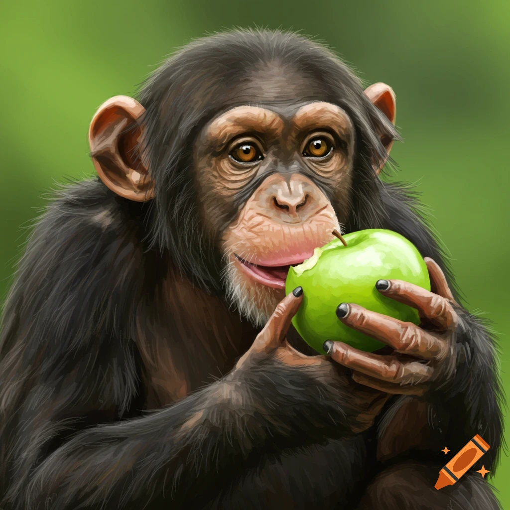A chimpanzee eating a green apple