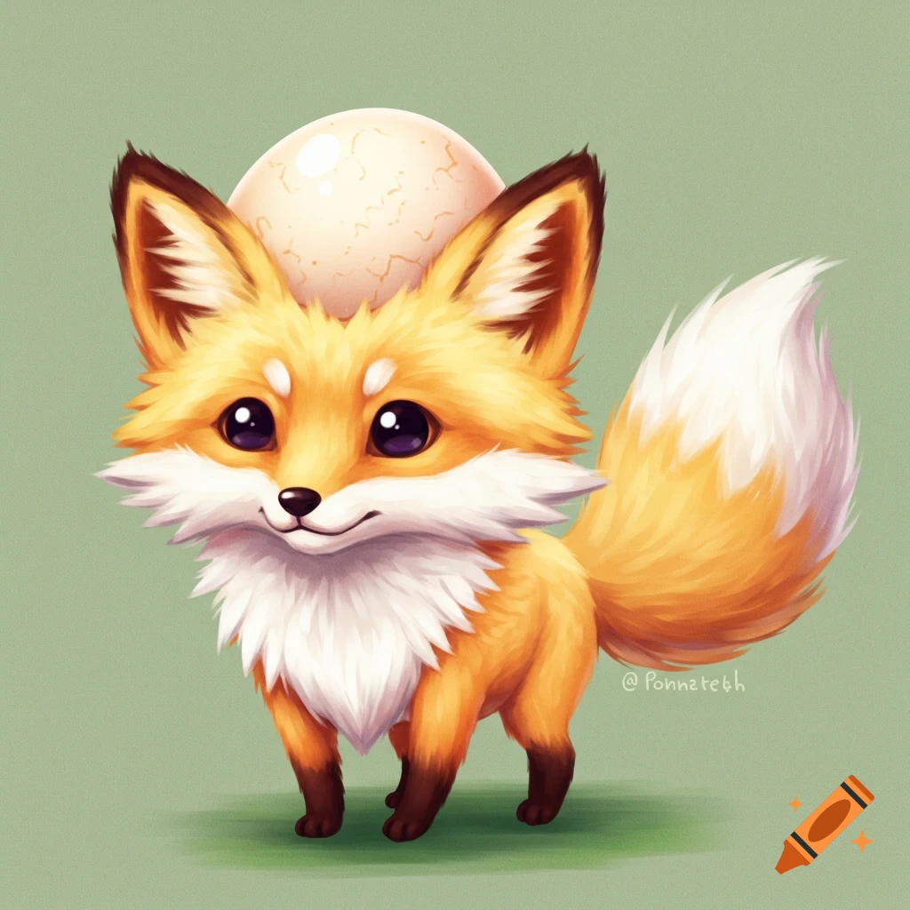 A cute cartoonish fox with an egg on its head