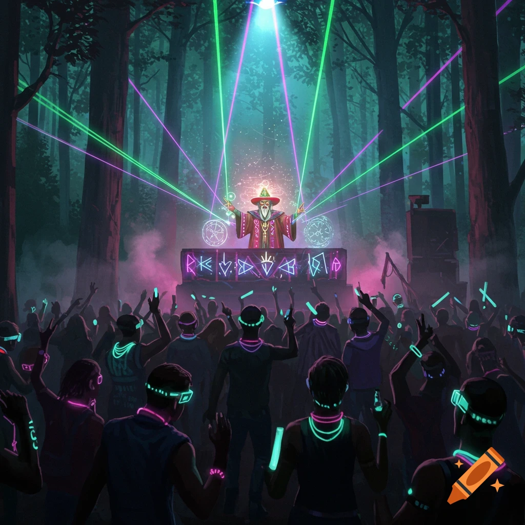 A wizard DJ is casting spells and lasers over a dancing crowd at a forest rave.