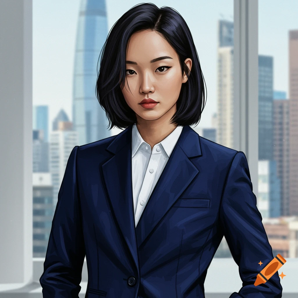 A businesswoman in a suit stands in front of a city skyline.