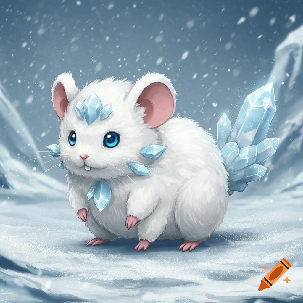 Cute fluffy white creature with blue eyes and ice crystals in a snowy mountain landscape, fantasy art style.