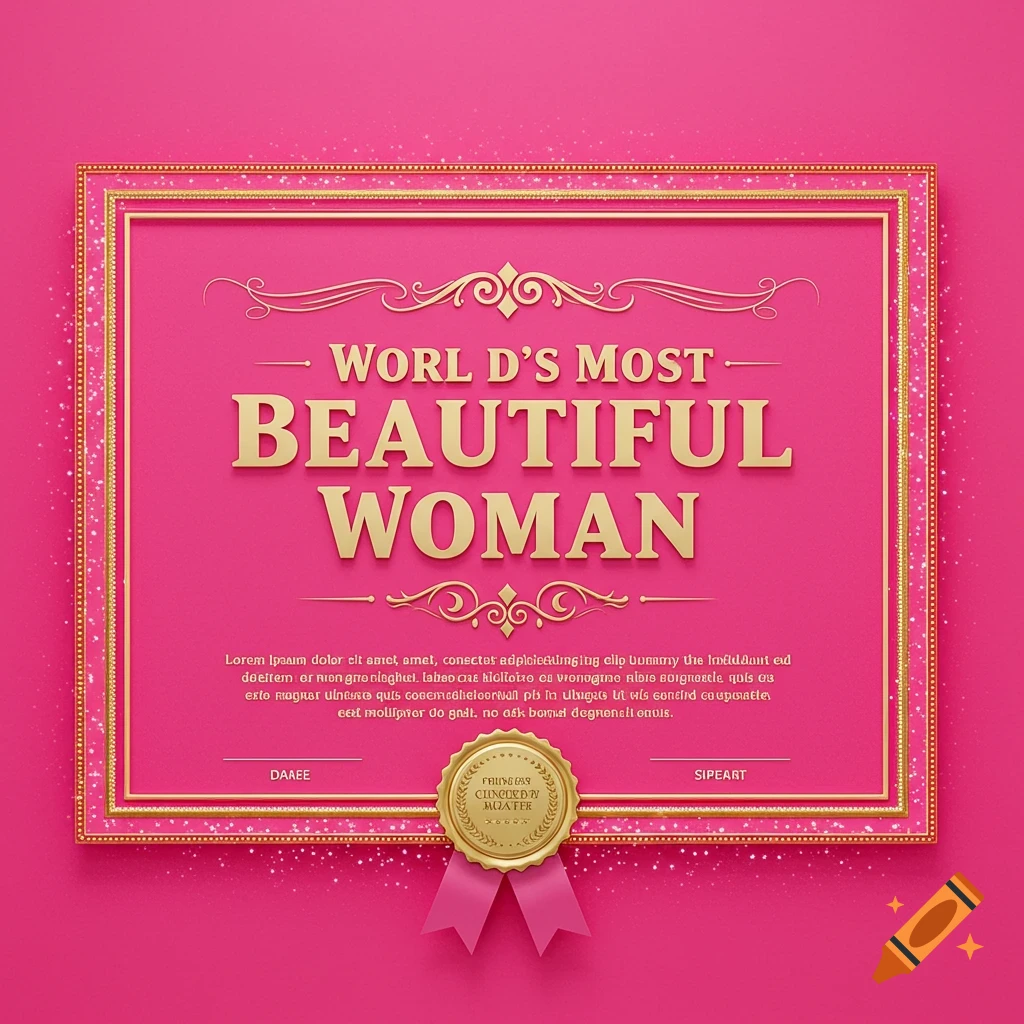 A certificate with gold text 'WORLD'S MOST BEAUTIFUL WOMAN' on a hot pink background, with gold frame, seal, and ribbons.