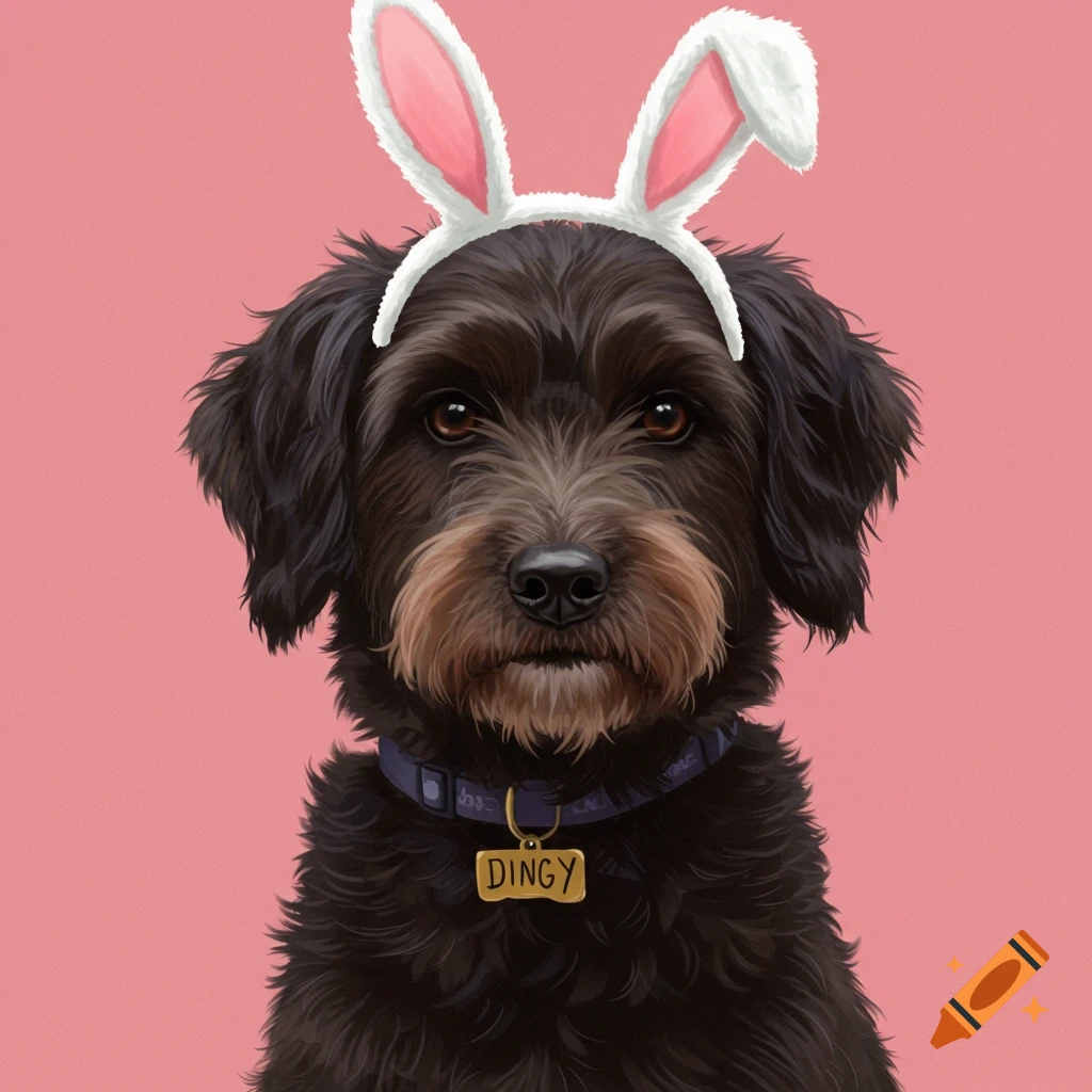 A shaggy black dog wears white bunny ears and a collar with a "DINGY" tag against a pink background.