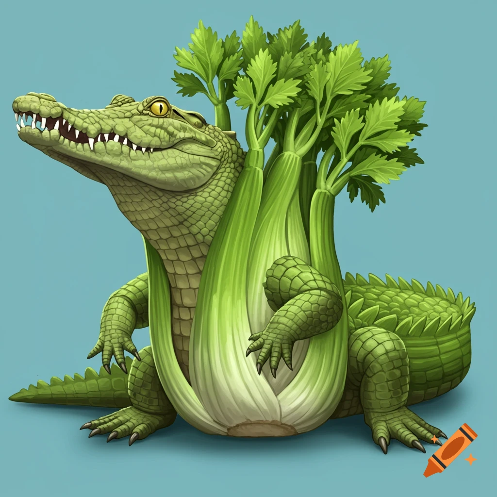 A green crocodile with a body formed from celery stalks and leaves stands on a blue background. Digital illustration.