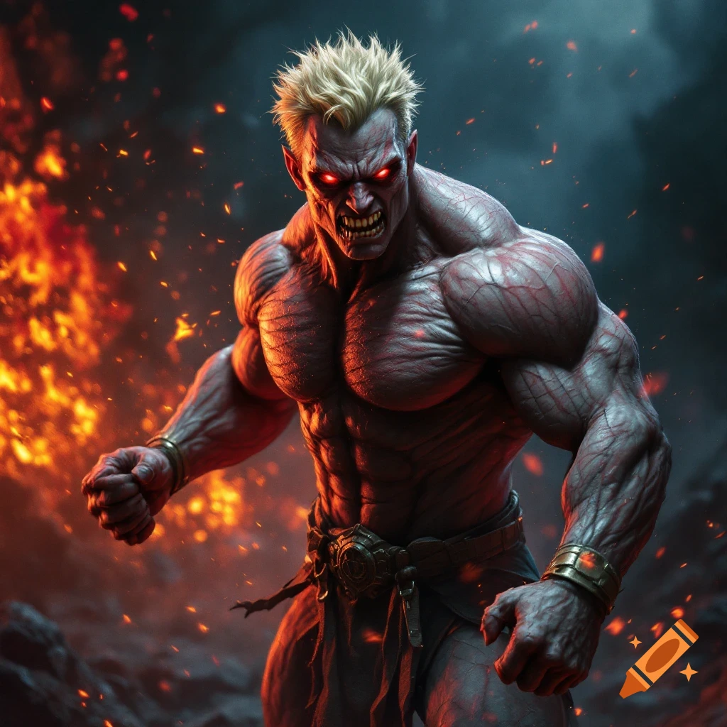 A fierce muscular creature with glowing red eyes and sharp teeth stands among flames.