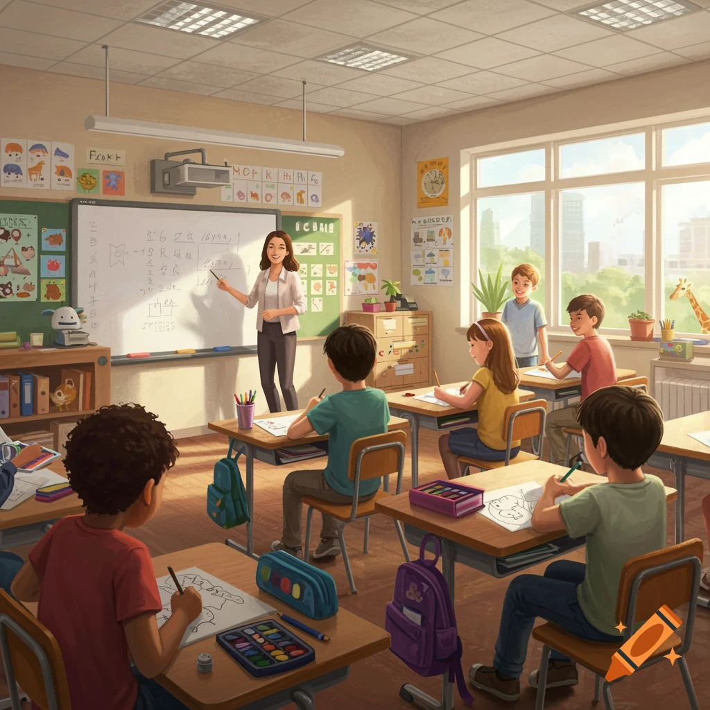 A teacher stands at a whiteboard in an elementary school classroom filled with diverse students.