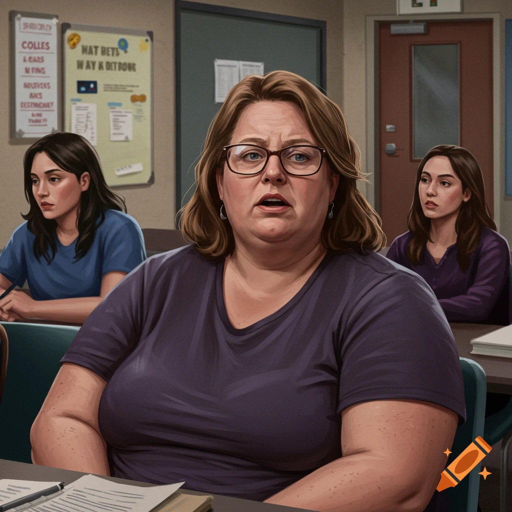 A woman looking concerned in a classroom with two students.