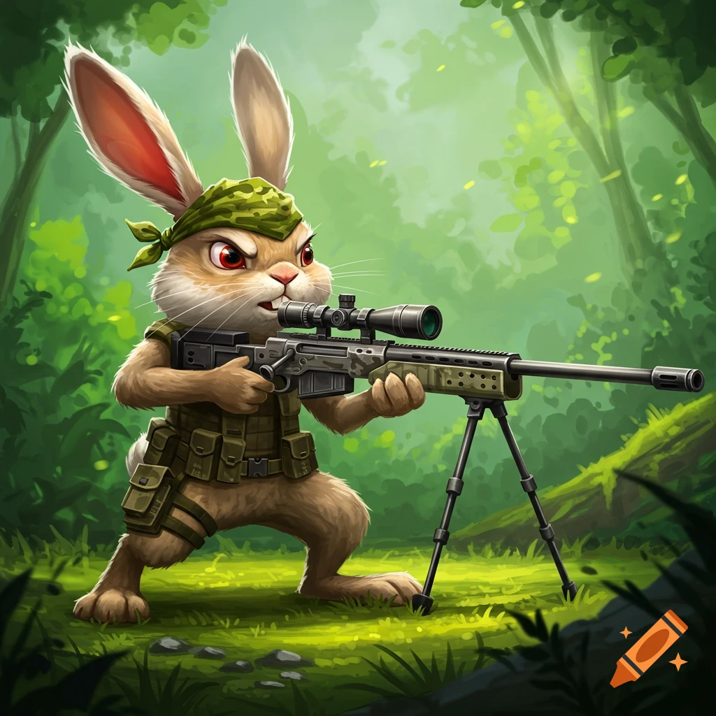 A cartoon bunny in tactical gear aims a sniper rifle in a forest.