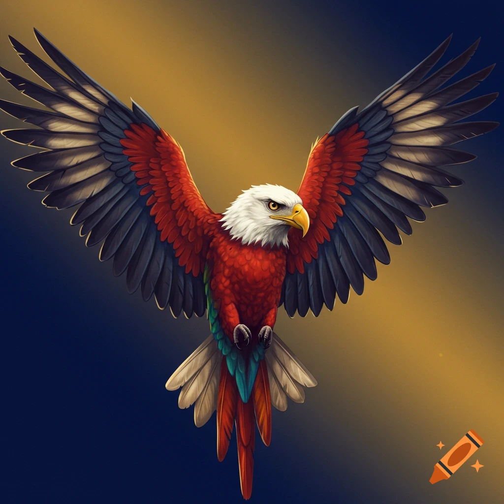 An eagle with red and multi-colored feathers has its wings spread against a dark and gold background.
