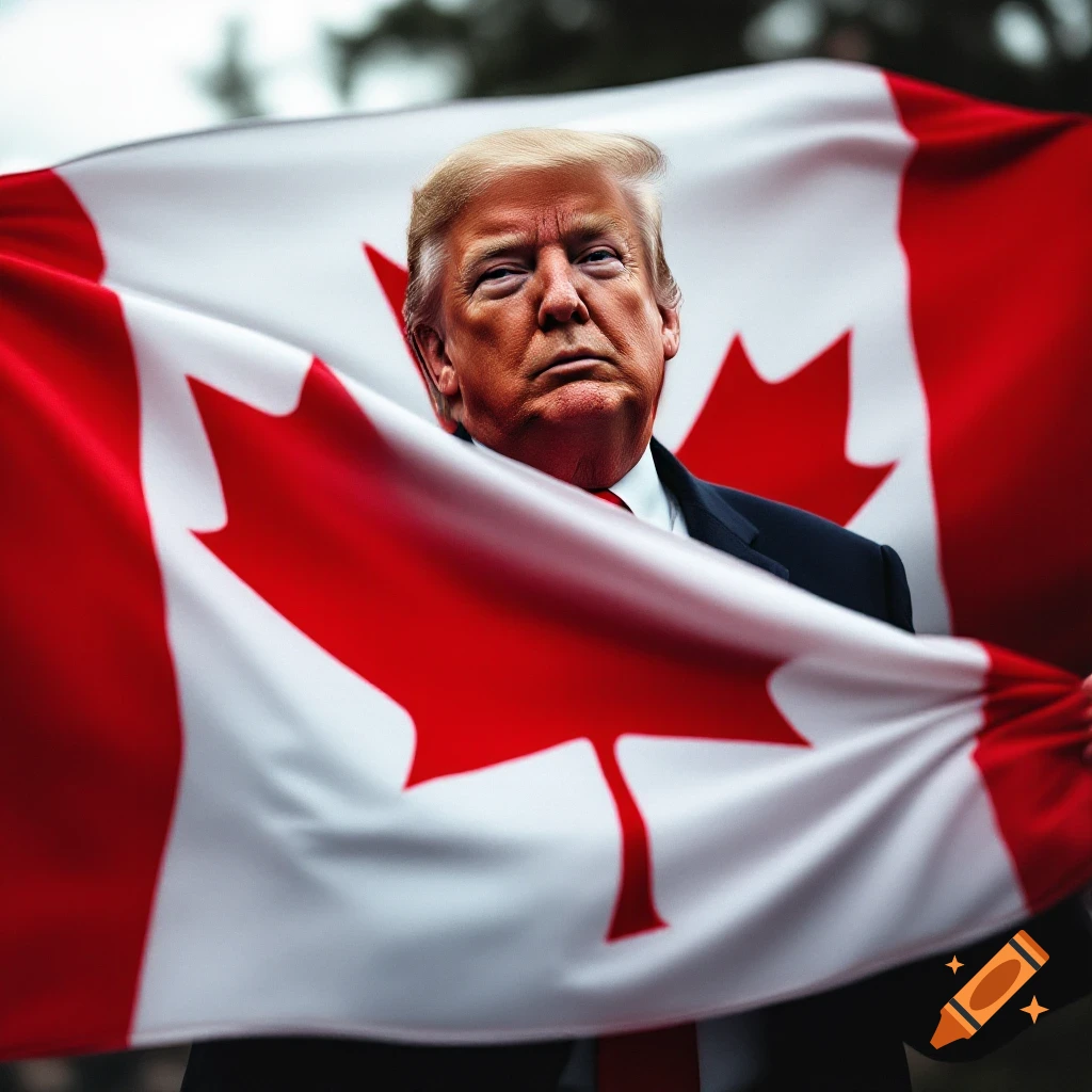 Donald Trump stands behind a Canadian flag