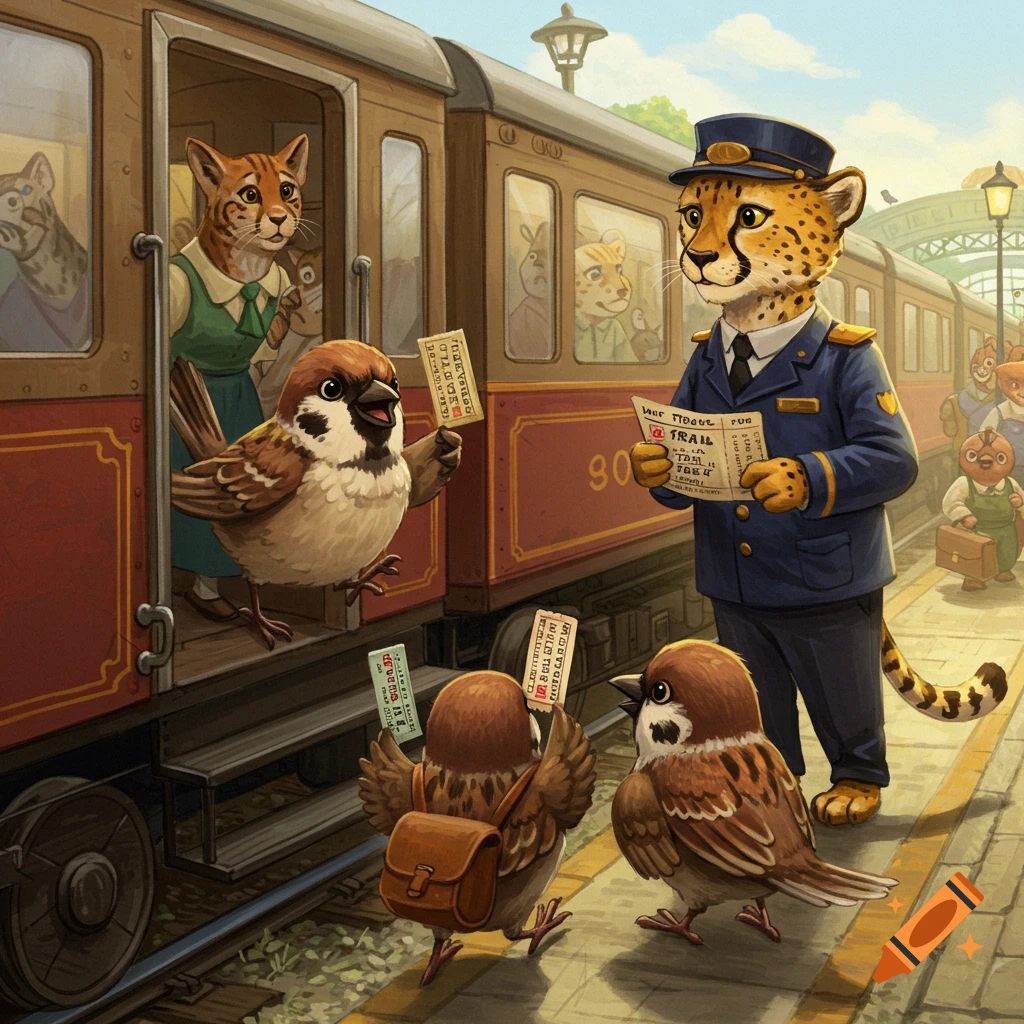 Cheetah conductor checks tickets for sparrows boarding a train, illustration style.