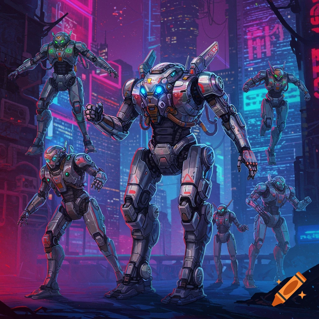Several large robots in a futuristic neon city.