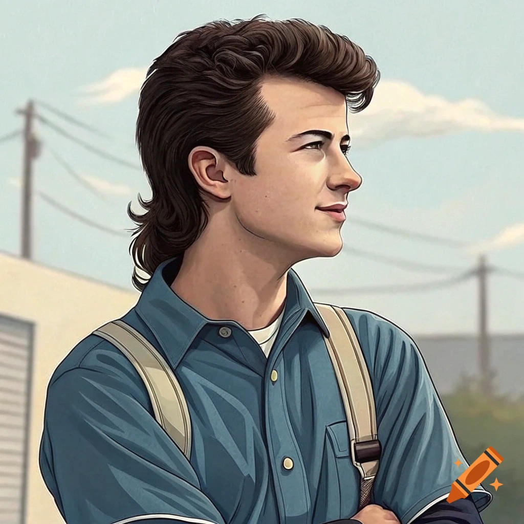 Anime style portrait of a young man with a mullet wearing a blue shirt and suspenders.