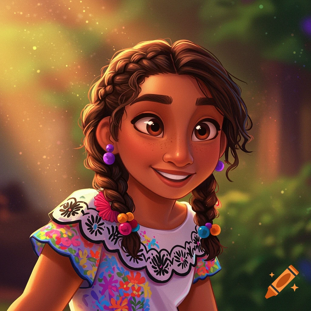 A Latina girl with braided hair and a floral dress is smiling in a garden.