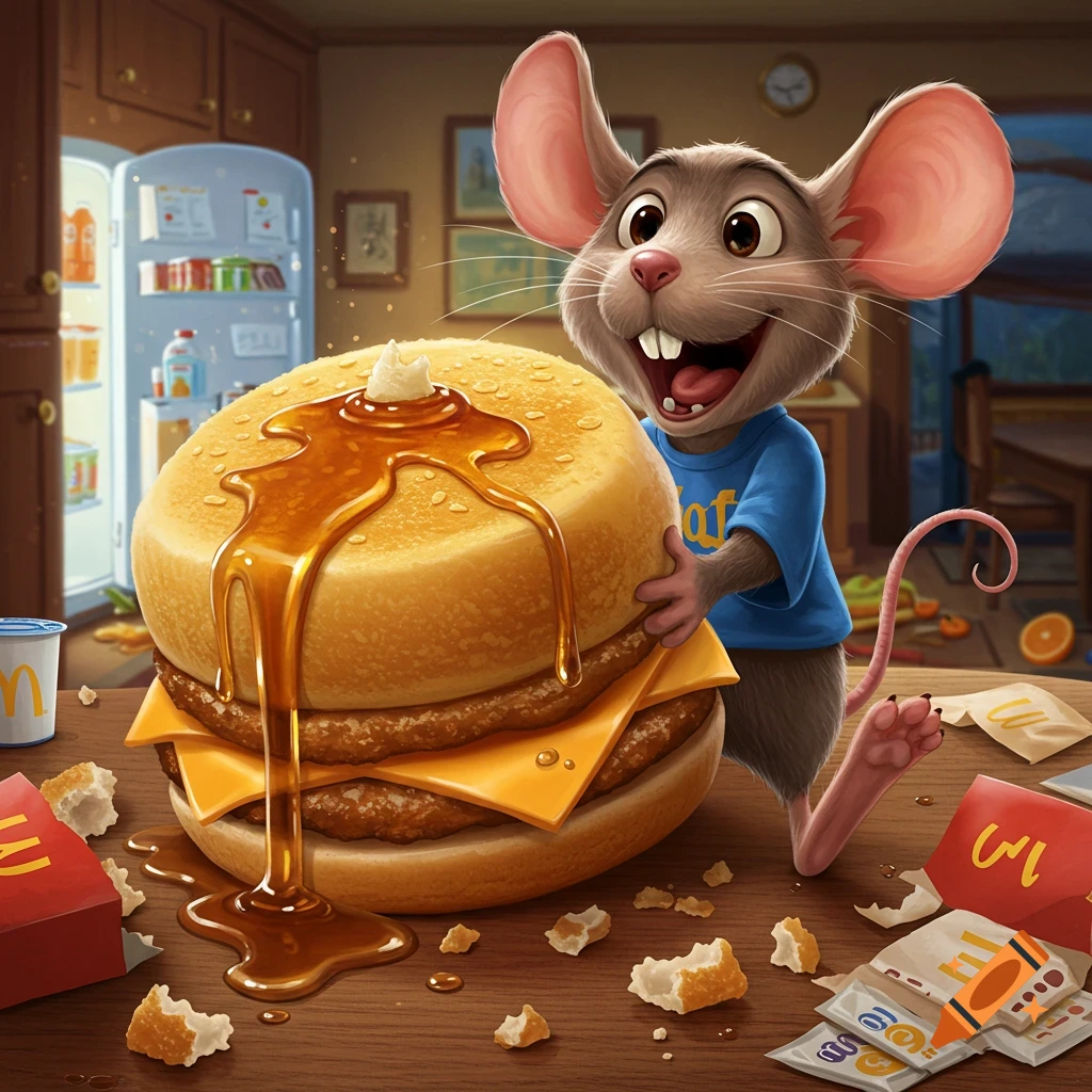 Cartoon mouse holding a giant breakfast sandwich covered in syrup in a kitchen.