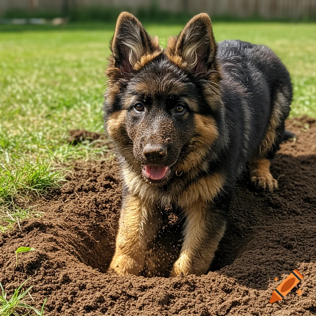 German Shepherd puppy digging a hole in the dirt, covered in mud
