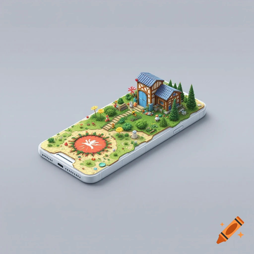 A detailed miniature diorama of a house and garden sits on the screen of an iPhone.