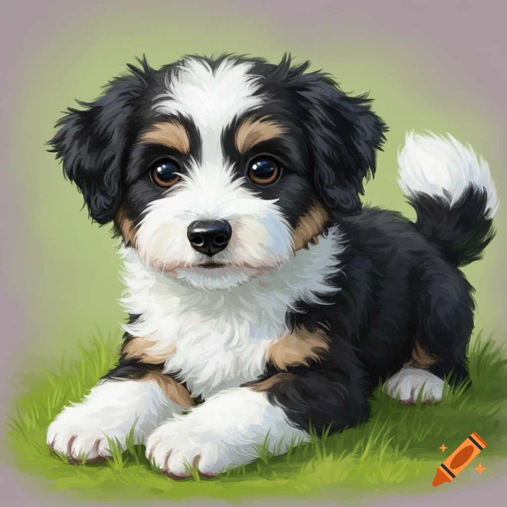 A cute black and white puppy lays in green grass.