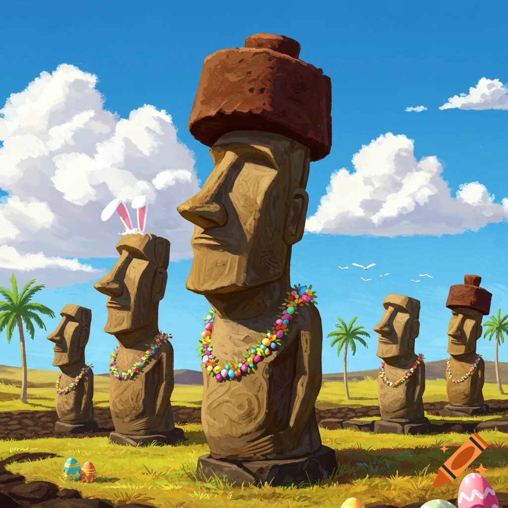 A group of Moai statues are celebrating Easter with leis, bunny ears, and Easter eggs.